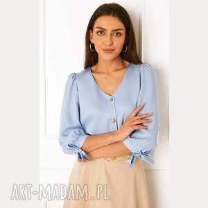 Błękitna bluzka vida, elegancka, pastelowa, na wiosnę, do biura, z dekoltem