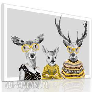 nowoczesny obraz drukowany na płótnie - 120x80 cm rodzina jeleni w zółtych
