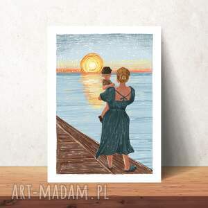 zachód słońca ilustracja plakat, mama dziecko, macierzyństwo mama mamy