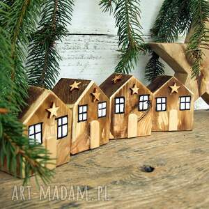 małe drewniane domki - brązowe, ozdoby świąteczne, dekoracje z drewna zestaw
