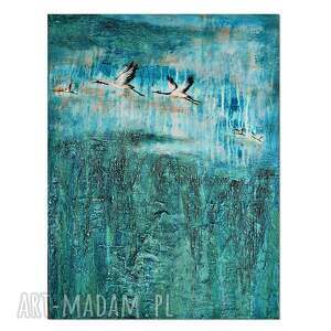 żurawie, impresja abstrakcja obraz ręcznie malowany, ptaki