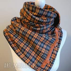 szal wełniany pomarańczowy w kratkę - unikatowy, kraciasty szalik