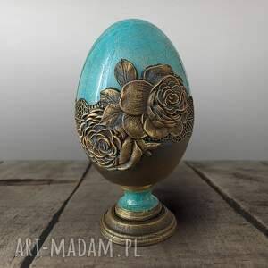 Dekoracyjne, turkusowe jajo z kameliami 15cm