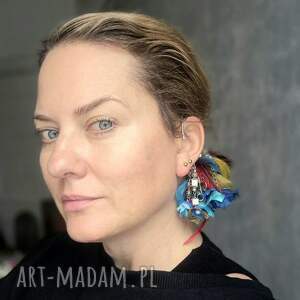 unikatowe kolczyki boho handmade nausznica piora kwiaty szaleństwo folk - box