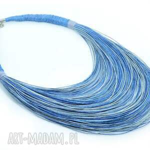 siwy naszyjnik lniany, korale ze sznurka, sznurków niebieski