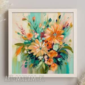 obraz bukiet pomarańczowych kwiatów - nowoczesny obraz z kwiatami - wydruk artystyczny