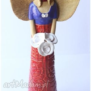 handmade ceramika anioł w niebiesko - czerwonej sukni