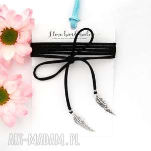 czarny choker - silver wing, naszyjnik skrzydła, zawieszka, zawieszki