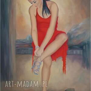 kobiecy urok czerwieni, obraz olejny 90 x 60 cm, postacie, kobieta