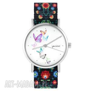 zegarek - motyle folk czarny, nylonowy, pasek folkowy, nato, prezent