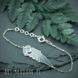 srebrne bransoletka liść paproci z kamieniem księżycowym, srebrny