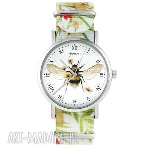 zegarki zegarek - bee natural kwiaty, nylonowy, biały, typ militarny