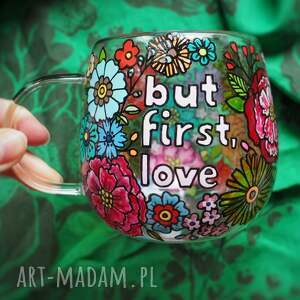 Prezent Ręcznie malowany szklany kubek do kawy herbaty LOVE pink