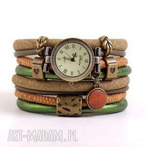megi mikos zegarek - bransoletka brązowo zielony z drewnianą zawieszką