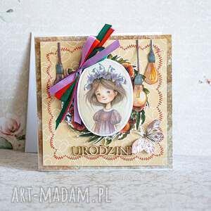 Kartka urodzinowa dla dziewczynki - scrapbook z przeszyciami i kopertą (13,5 cm)