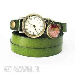 handmade bransoletka, zegarek - lato - oliwkowy, skórzany