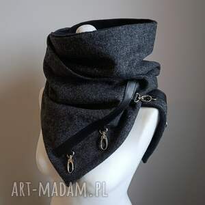 piękny szal wełniany - grafitowy z czarną skórą, ciepły szalik ponczo