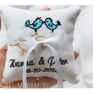 ślub haftowana poduszka na obrączki, poduszka ślubna z motywem ptaszków lovebirds
