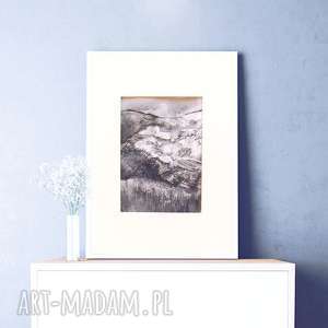biało czarny rysunek z widokiem górskim, rysunek z górami, górski szkic n9,grafika biało