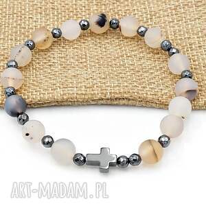 bransoletka różaniec na rękę agat szaro beżowy mat rękodzieło, matowa dziesiątka
