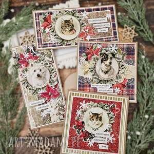 zestaw 4 kartek świątecznych kartki świąteczne, koty, psy