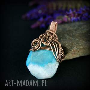 blue pearl art wisiorek z błękitnym wzorzystym agatem, wire wrapping, biżuteria