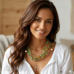 naszyjnik wielowarstwowy z koralików w kolorach zieleni i pomarańczowym