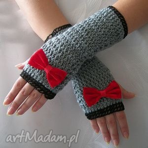 rękawiczki - mitenki szare z czerwoną kokardką, ocieplacze, jesień