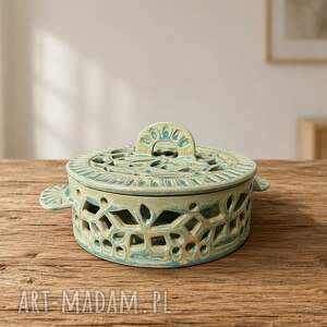 Nook-Design-Handmade - Podstawka - odstraszacz na komary turkusowy mat, ceramika ażur, pudełeczko, folk boho