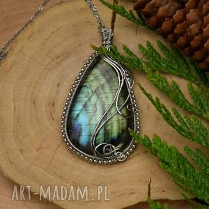 handmade wisiorki duży wisior z zielonym labradorytem wire wrapping stal