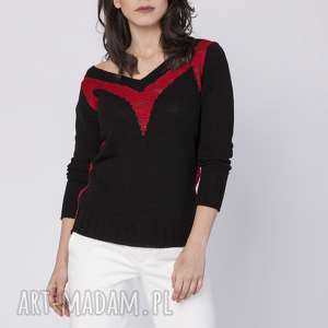 elegancki sweterek, swe142 czarny/czerwony mkm, dzianinowy, aplikacja, praca