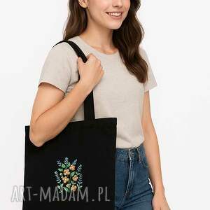 aga lunari 🌼 torba z haftem polnych kwiatów - czarna ekologiczna na zakupy