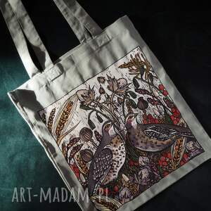 Prezent Ręcznie malowana torba płócienna tote shopperka PTAKI