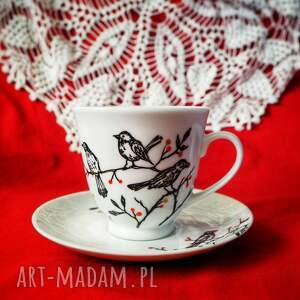 kubki ręcznie malowany zestaw filiżanka ze spodkiem ptaki gwiazdkę dla niej