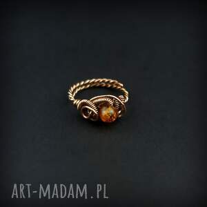 bursztyn regulowany pierścionek z miedzi, wire wrapping niej, biżuteria