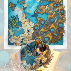 apaszka jedwabna malowana pawie pióra, ręcznie malowane apaszki, chusta