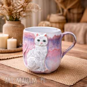 Prezent Handmade Ceramiczny duży kubek z kotem - Różowy sen Peony ok
