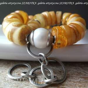 handmade miodowe dropsy bransoletka z bursztynu, perły i srebra