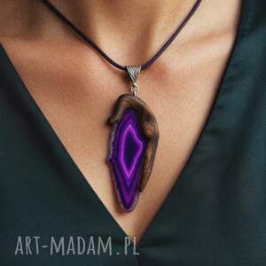 ręcznie rzeźbiony naszyjnik - fioletowy agat i brzoza elegancka biżuteria
