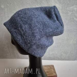 Ciepła czapka niebieska wełniana unisex na podszewce rękodzieło