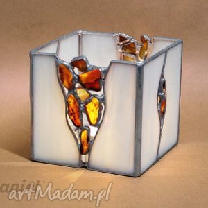lampion z bursztynami amber, świecznik, witraże, dekoracja prezent