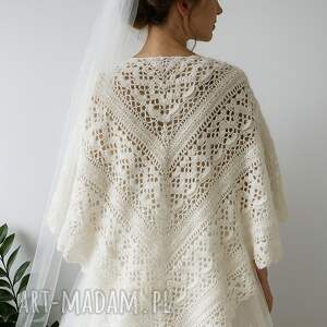 Ozdobna biała chusta ślubna Klaziena ręcznie robiona z merino