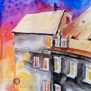randka na dachu akwarela artystki adriany laube - romantyczny obraz, miłość