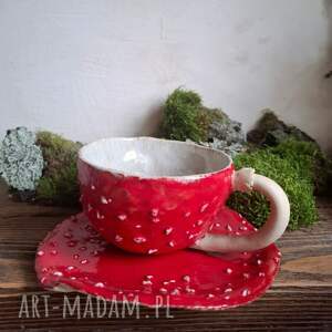 Prezent Zestaw kubek z talerzykiem - Muchomor, ceramiczny