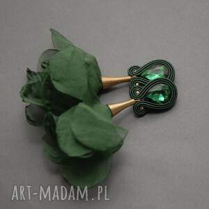 zielone klipsy sutasz z kwiatkiem, sznurek, eleganckie, wyjściowe, ciemnozielone