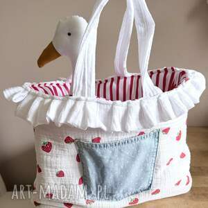 Torebka muślinowa na ramię w truskawki dla dziecka i mamy - handmade z kieszonką