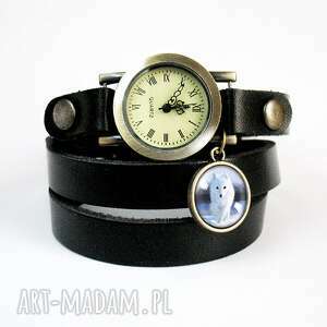 ręcznie wykonane bransoletka, zegarek - biały lis czarny, skórzany