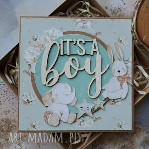 kartka na baby shower chłopca w pudełku, gratulacje ciąży