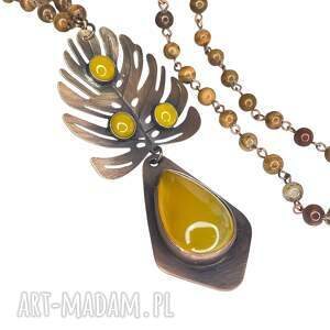 naszyjnik z liściem monstery w otoczeniu agatów i jaspisów c1359, żółty wisiorek