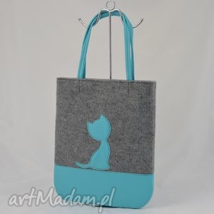 ręcznie wykonane na ramię duża szara torebka z filcu - z niebieskim kotkiem